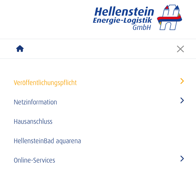 Seiten-Menü mit Wort und Pfeil orange